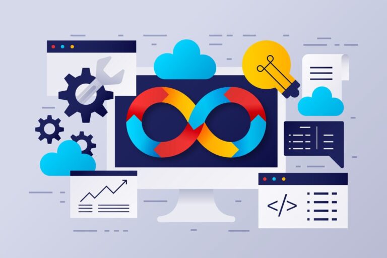 DevOps cycle on a screen surrounded by gears, charts, and code, symbolizing deployment documentation