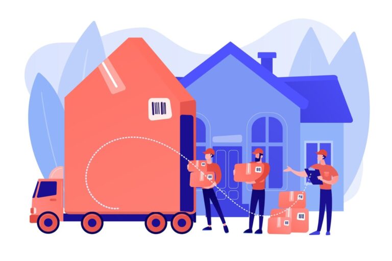 Moving crew unloading boxes at house, symbolizing tenant-landlord coordination