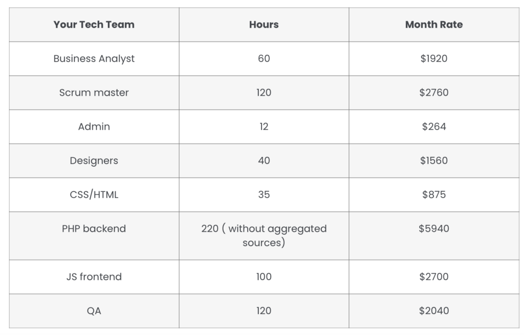 Tech team roles, hours, and monthly rates table