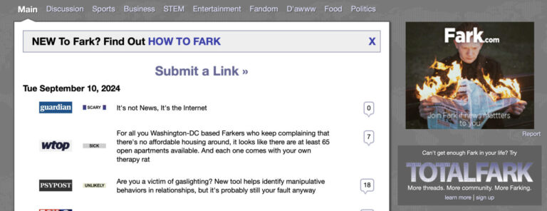 Fark news aggregator website homepage