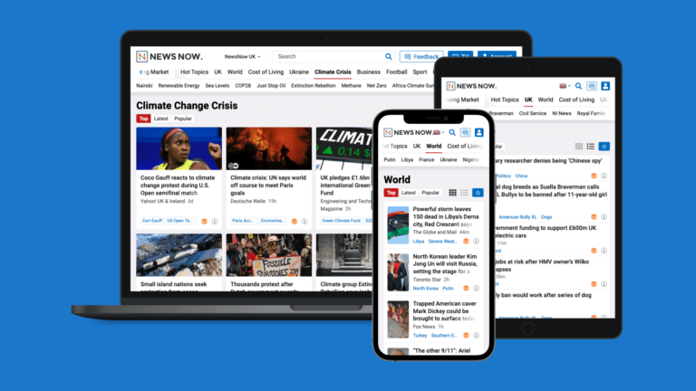 NewsNow aggregator website displayed on laptop, tablet, and phone