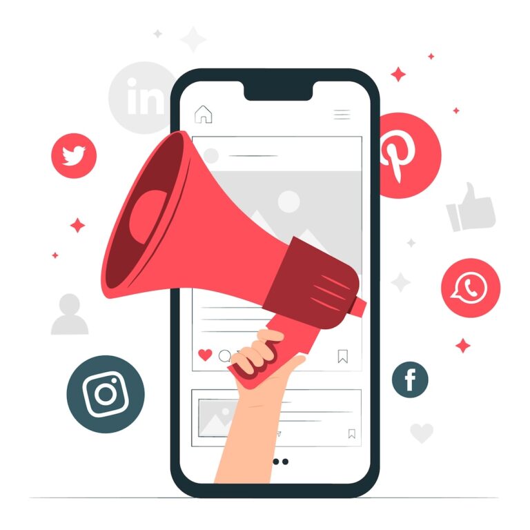 Hand holding megaphone from phone surrounded by social media icons
