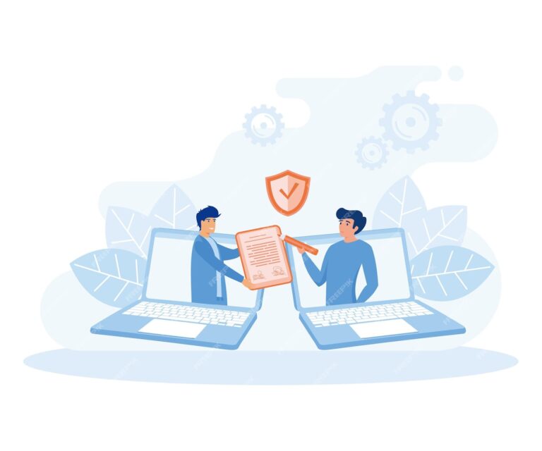 Two people signing a document through laptops with a security shield icon
