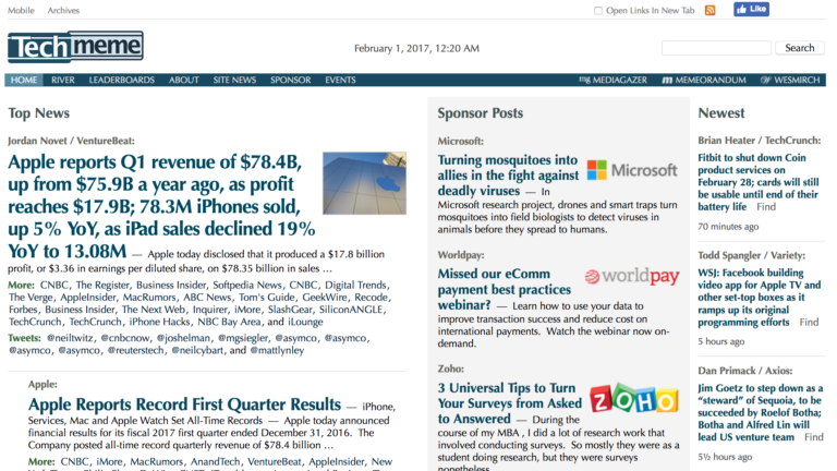 Techmeme news aggregator website homepage