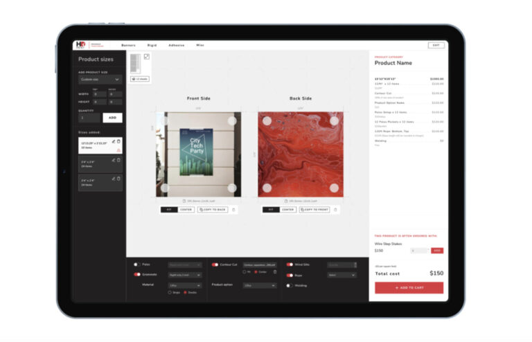 Custom banner design tool on tablet screen with size, material, and price options