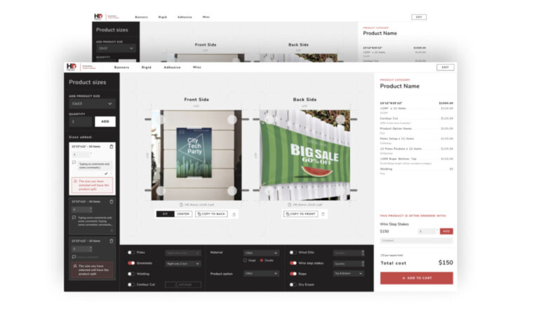 Custom product design interface showing banner editing, size options, and pricing panel