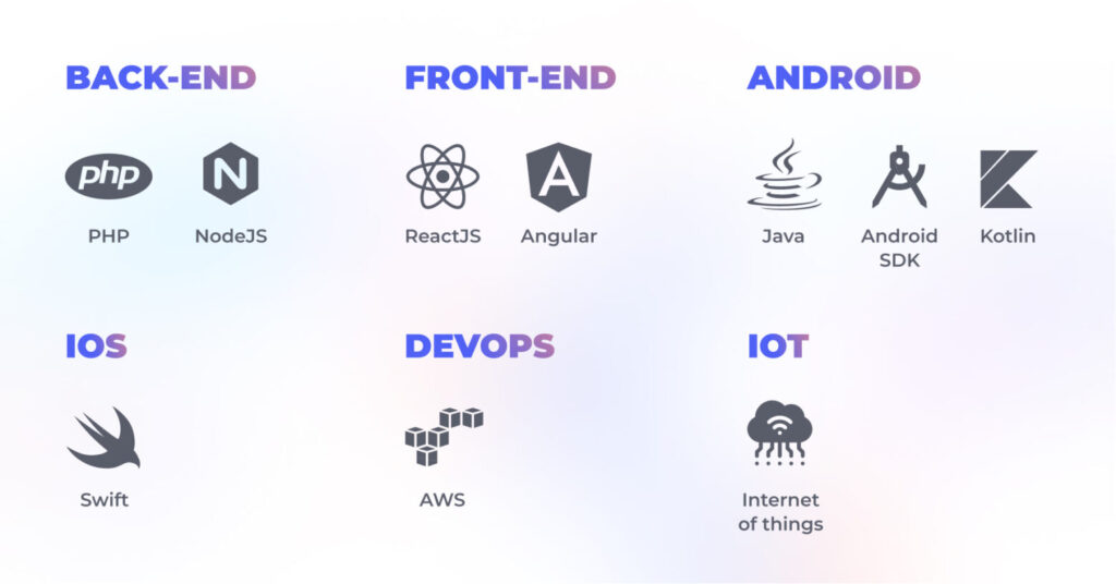 Icons of technologies used by top custom software companies: PHP, NodeJS, ReactJS, Angular, Java, Android SDK, Kotlin, Swift, AWS, and IoT.