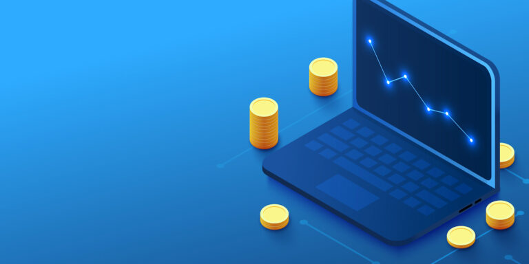 A laptop with a downward-trending chart, symbolizing declining revenue