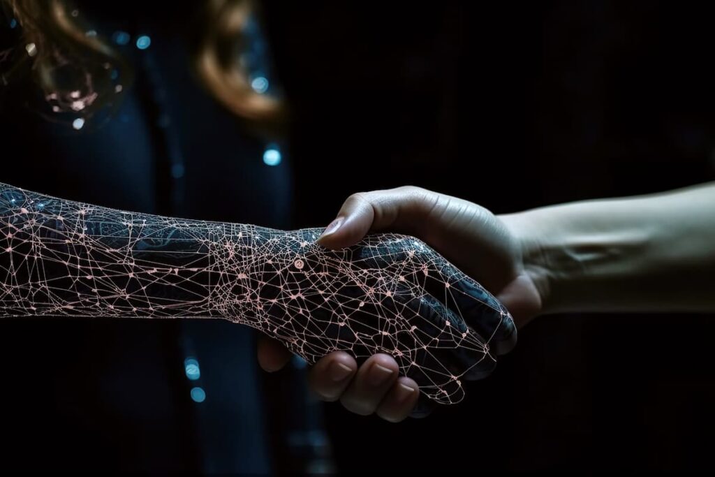 A human hand shaking a robotic hand, symbolizing trust, partnership, and responsible AI