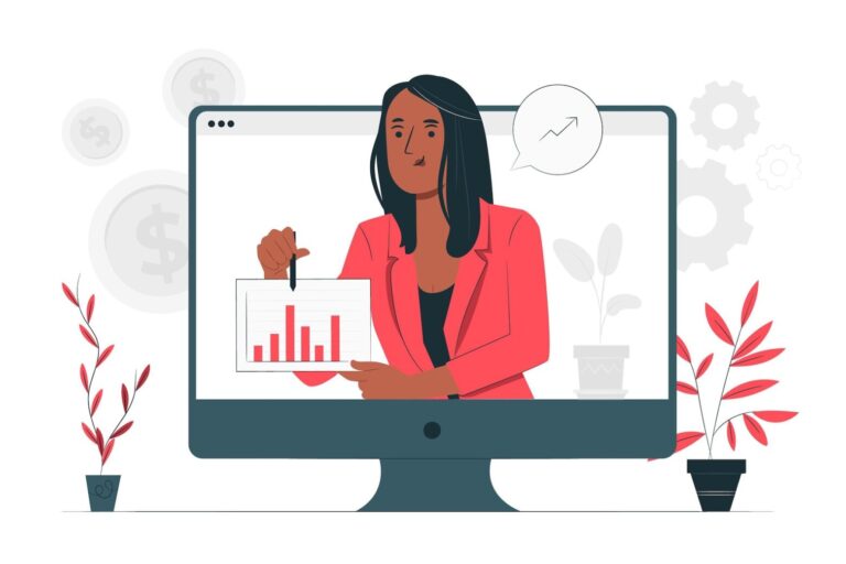 Illustration of a woman teaching online with charts on a screen