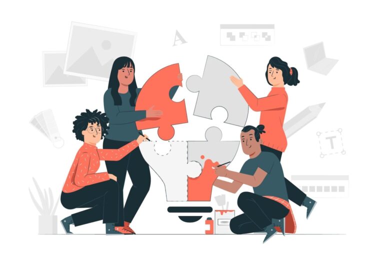 Illustration of students collaborating to solve problems using digital tools