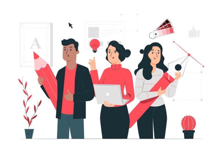 Illustration of students using digital tools for creative learning