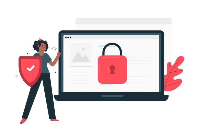 Illustration of a woman next to a secure laptop with a padlock and shield icon
