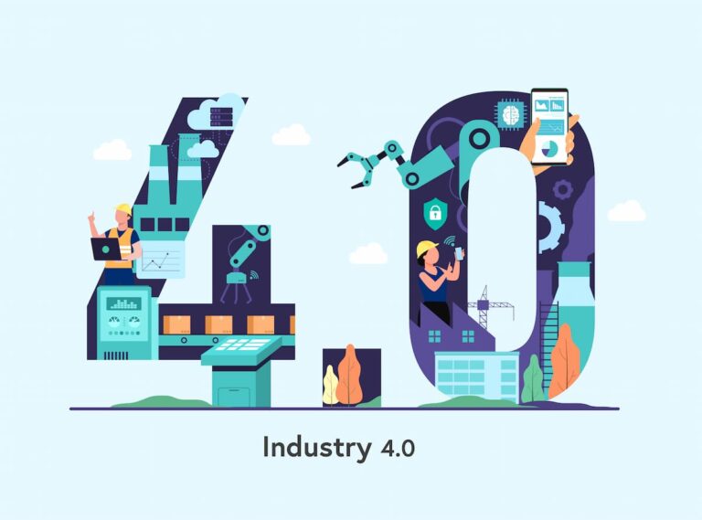 A stylized graphic of the number "4.0" filled with icons representing the concept of Industry 4.0
