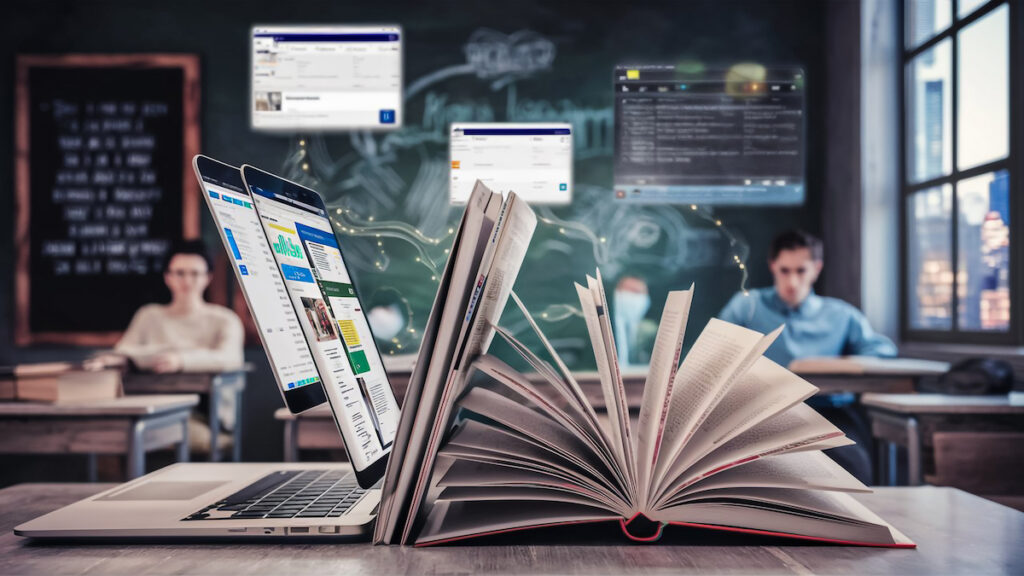 The image shows digital and traditional learning merging in a classroom setting