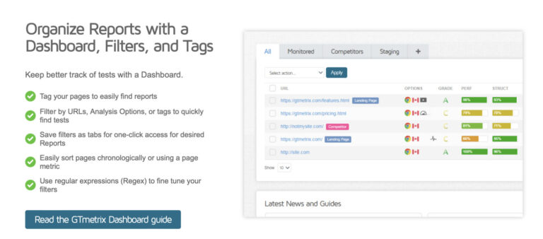 GTmetrix dashboard showing how to organize reports using tags, filters, and tabs for efficient website performance tracking
