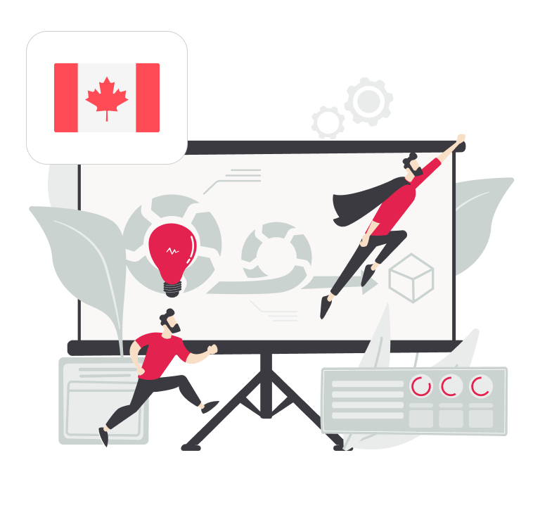 Illustration of two people with a presentation screen displaying software development cycle symbolizing custom software development services in the Canada