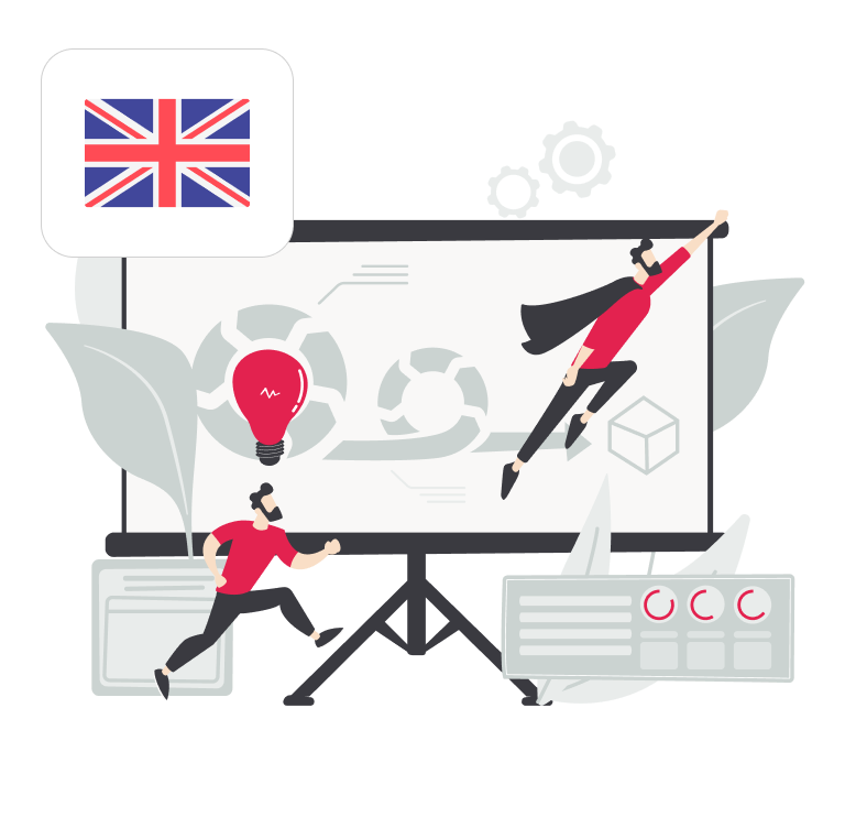Illustration of two people with a presentation screen displaying software development cycle symbolizing custom software development services in the UK