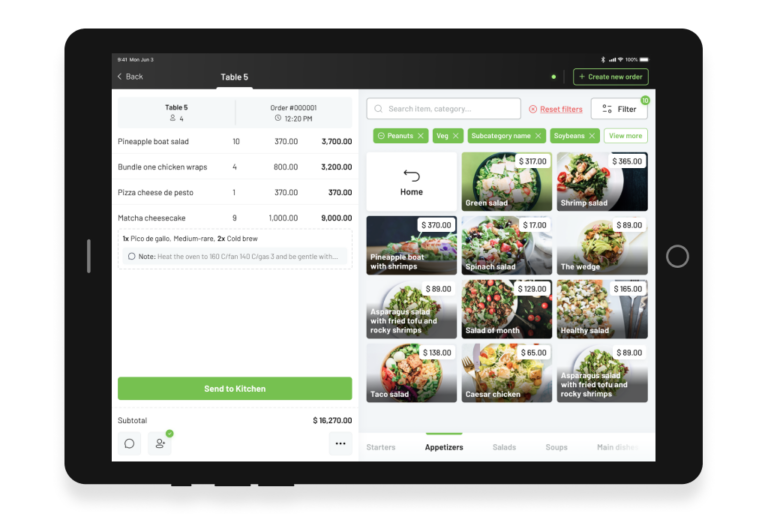 Tablet screen showing Grubtech POS system with active order for Table
