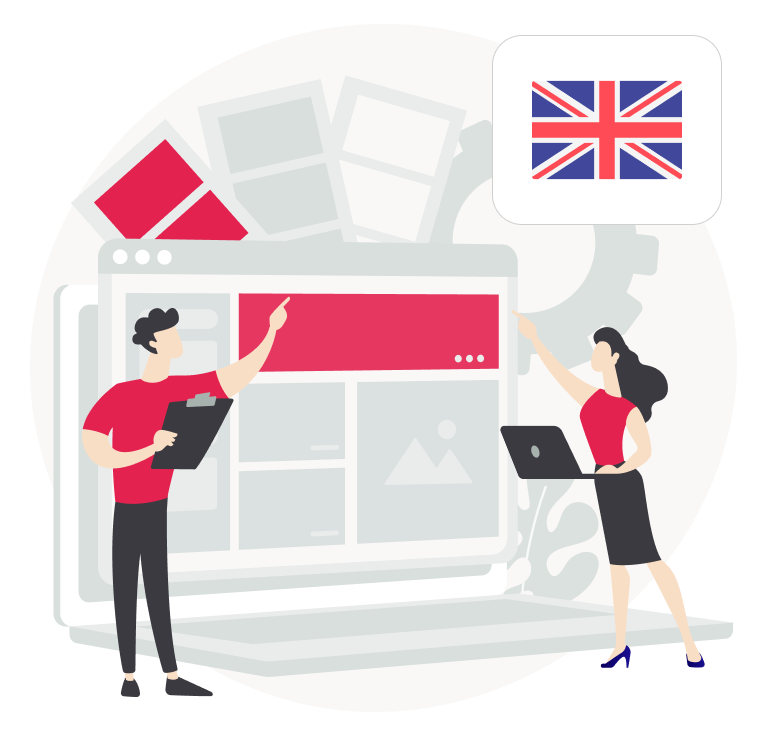 Illustration of two people collaborating on web design with a website interface representing web development services in the UK