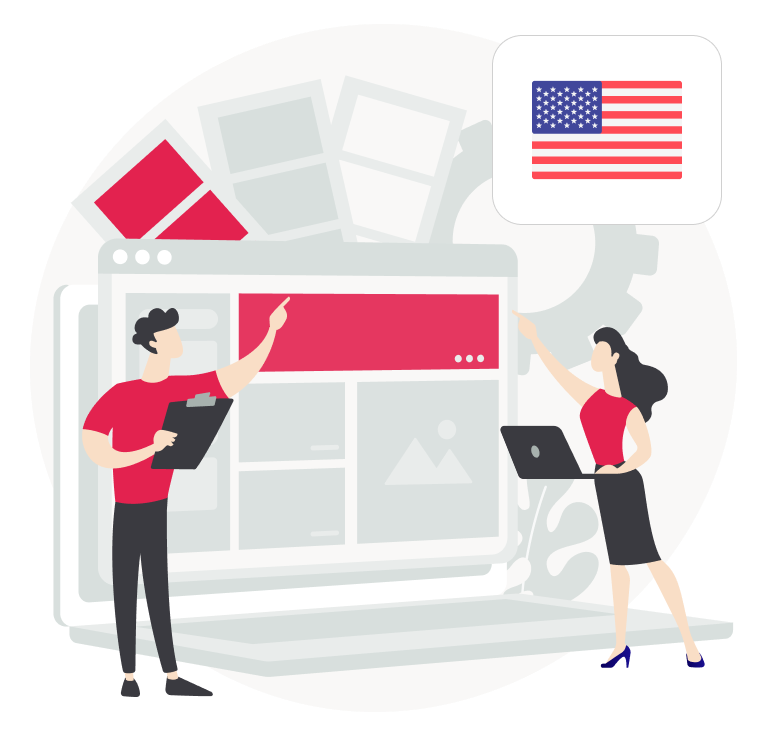 Illustration of two people collaborating on web design with a website interface representing web development services in the USA