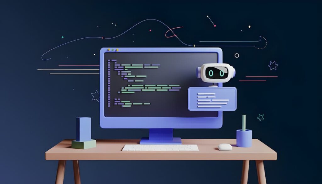 3D illustration of a computer with code and a chatbot, symbolizing low-code and AI-driven development