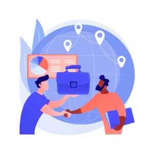 Image of Two people shaking hands with a briefcase, globe, and data chart