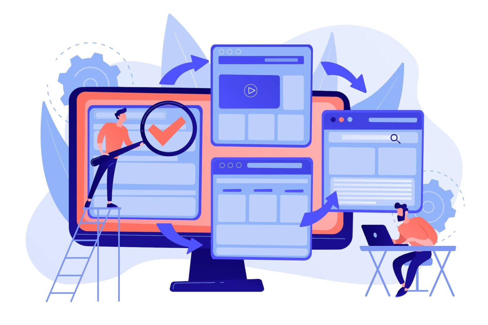 Illustration of professionals managing data transfer and service continuity across multiple systems