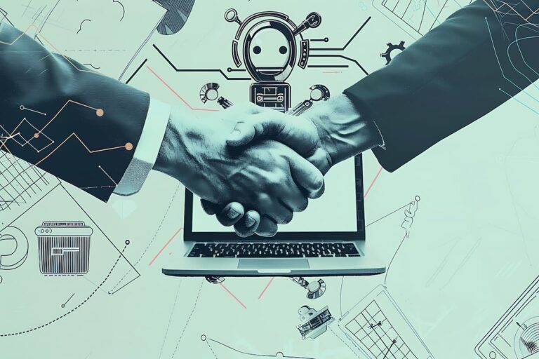 Image of Business handshake over a laptop with technology and AI elements, symbolizing software vendor audit and partnership
