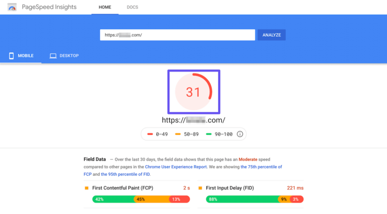 PageSpeed Insights report showing a mobile performance score of 31 with suggestions for improving load speed and input delay