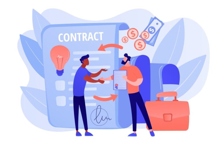 Illustration of two professionals discussing a contract with financial elements
