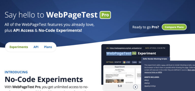 WebPageTest Pro banner promoting no-code experiments and performance testing tools