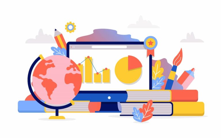 Illustration of a globe, computer displaying charts, and school supplies, representing EdTech trends