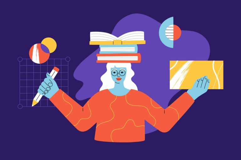 Abstract illustration of a student balancing books on their head, holding a pencil and a learning tool, representing the effectiveness of eLearning in improving learning outcomes.