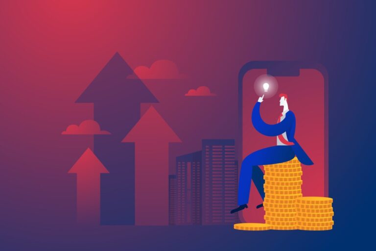 Illustration of a person in a suit seated on stacks of coins inside a phone graphic, pointing to a lightbulb symbolizing innovation driving revenue growth in EdTech
