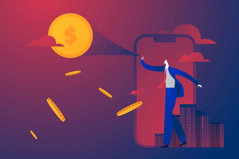 Illustration of a person using a phone to attract dollar coins from a large coin in the sky, symbolizing mobile technology driving revenue in EdTech.