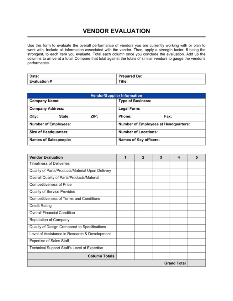 vendor evaluation spreadsheet